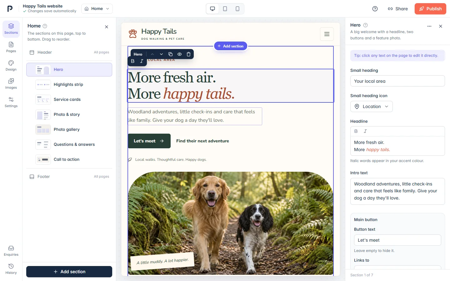 Edit right on the page in the PawLoop Website Builder