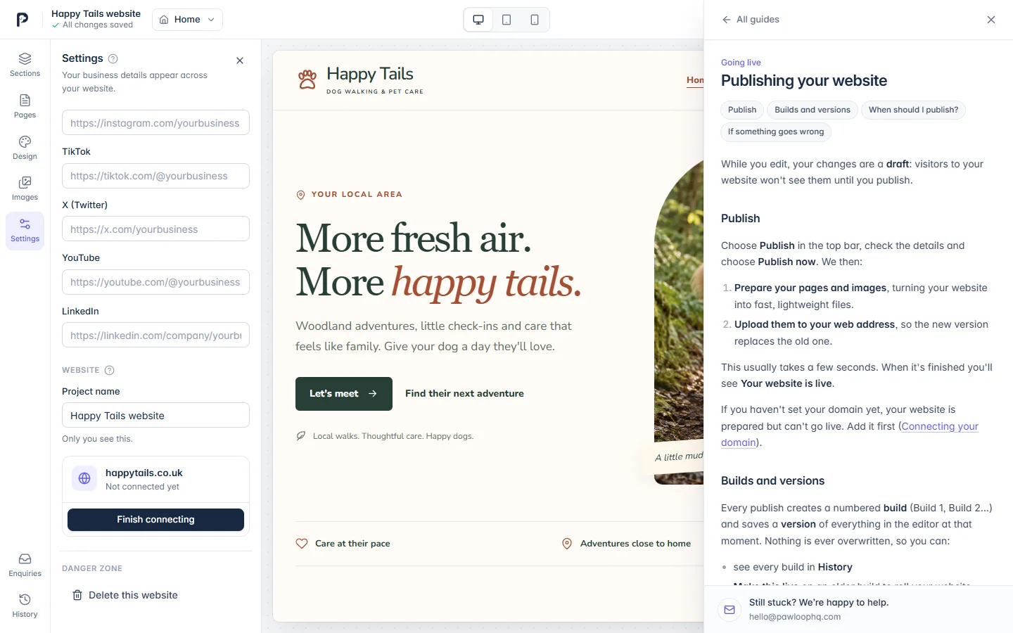 Help whenever you need it in the PawLoop Website Builder