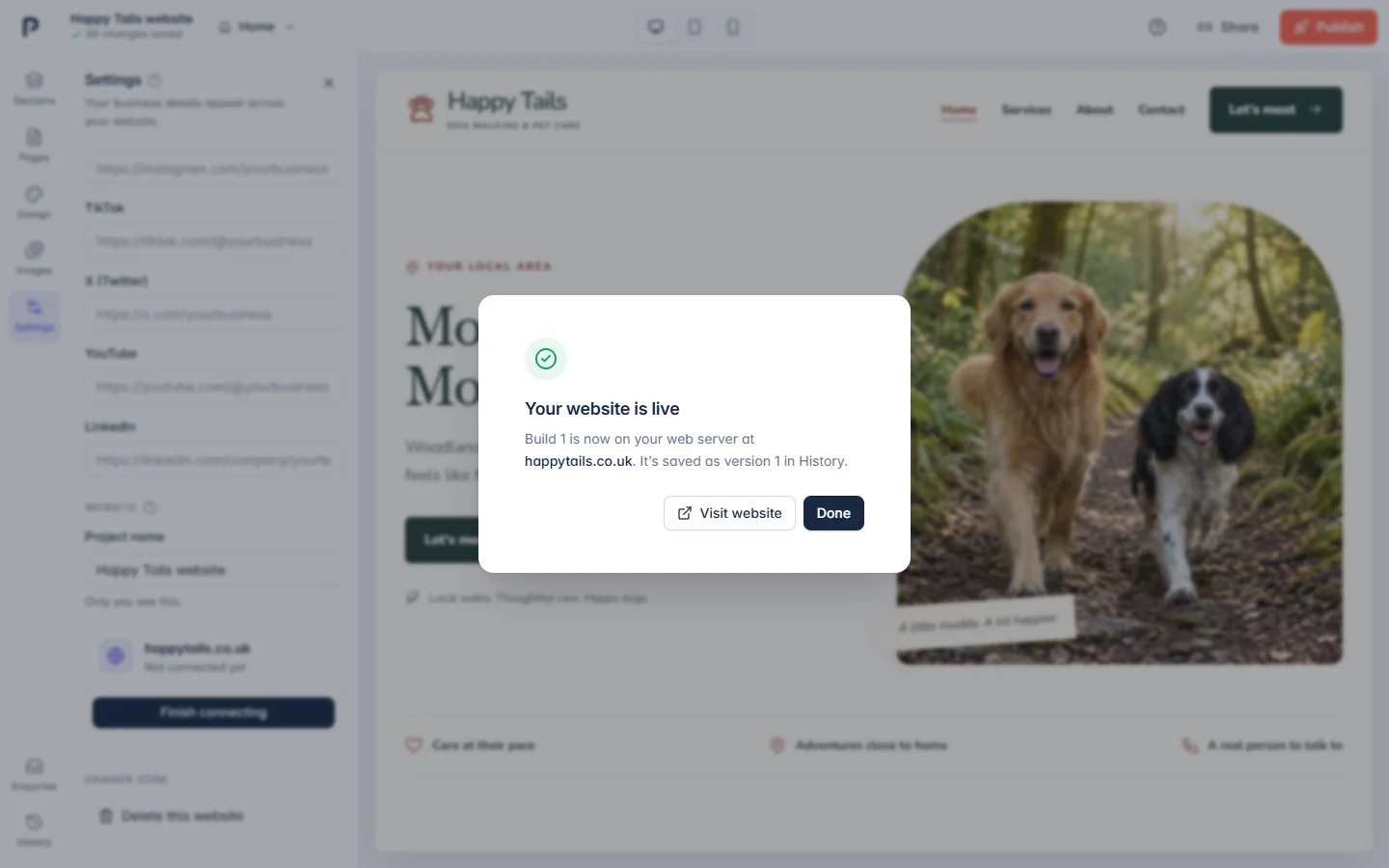 Share, then publish in the PawLoop Website Builder