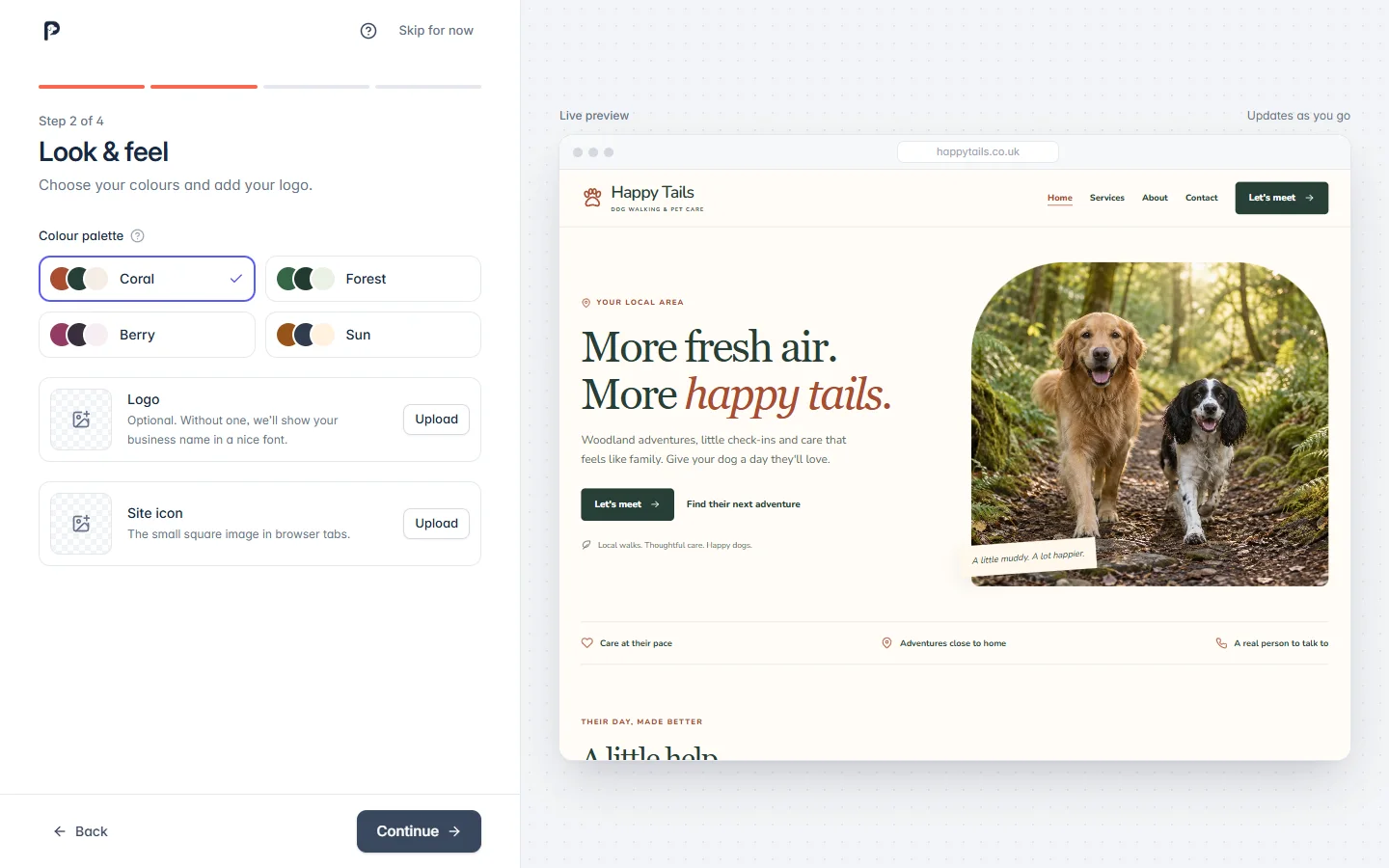 Answer a few friendly questions in the PawLoop Website Builder