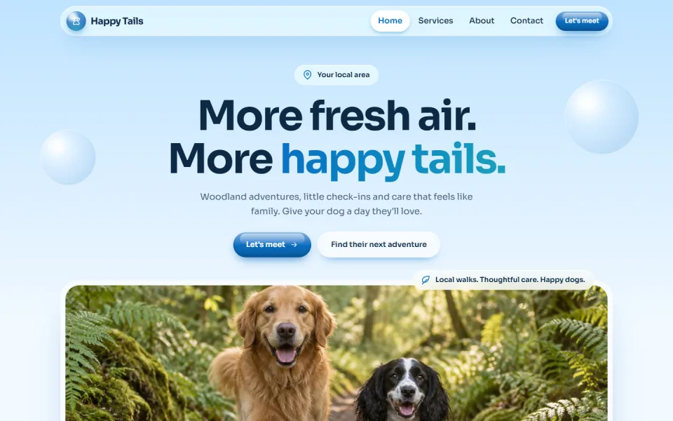 The Aero template, showing an example dog walking website