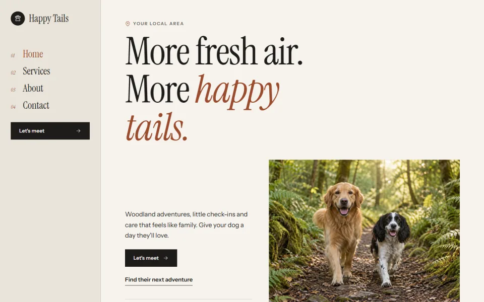 The Atlas template, showing an example dog walking website