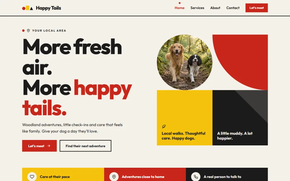 The Bauhaus template, showing an example dog walking website