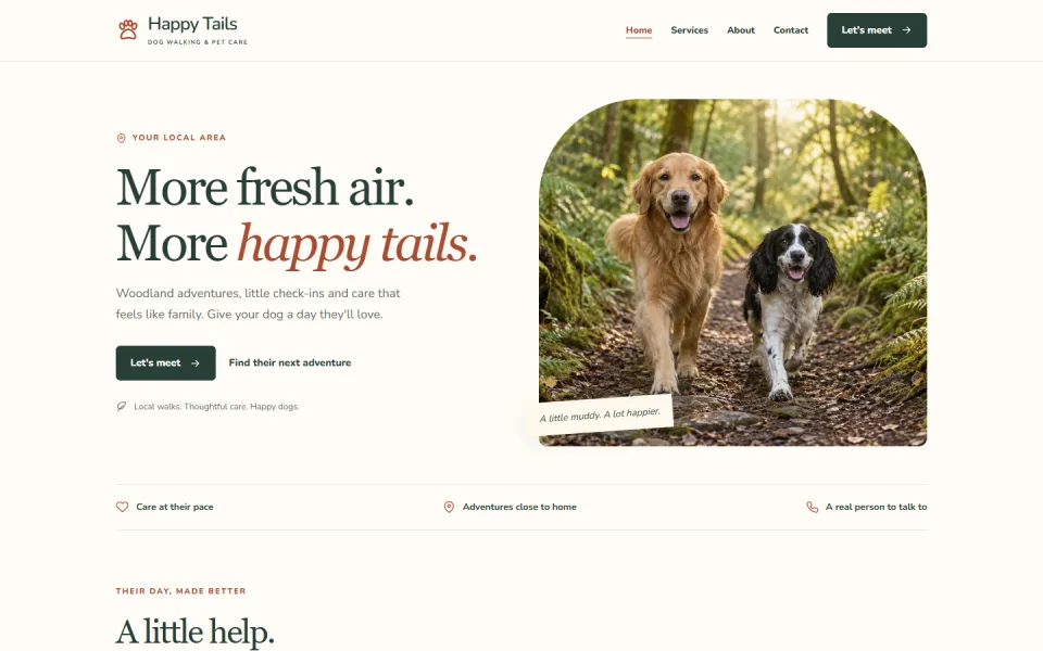 The Classic template, showing an example dog walking website
