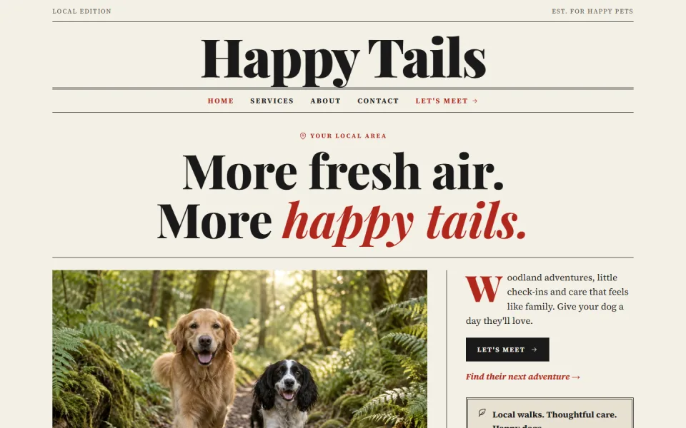 The Gazette template, showing an example dog walking website