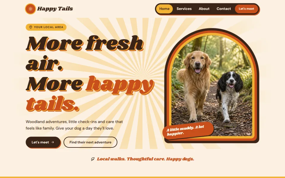The Groovy template, showing an example dog walking website