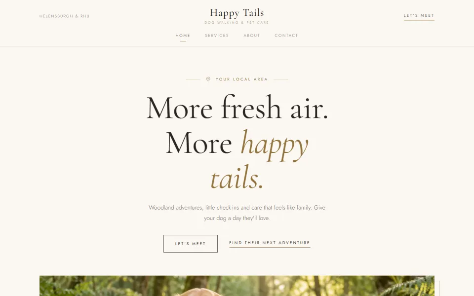 The Luxe template, showing an example dog walking website