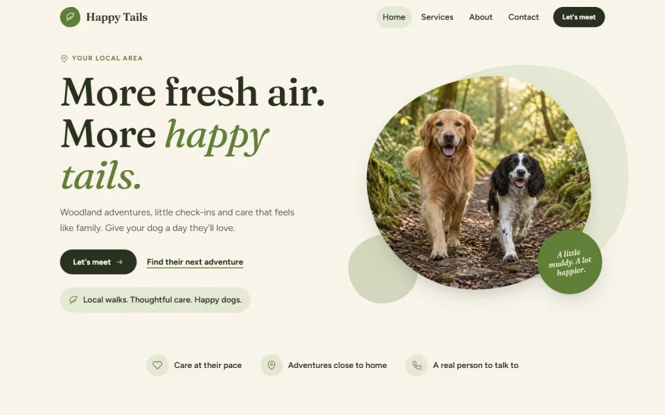 The Meadow template, showing an example dog walking website