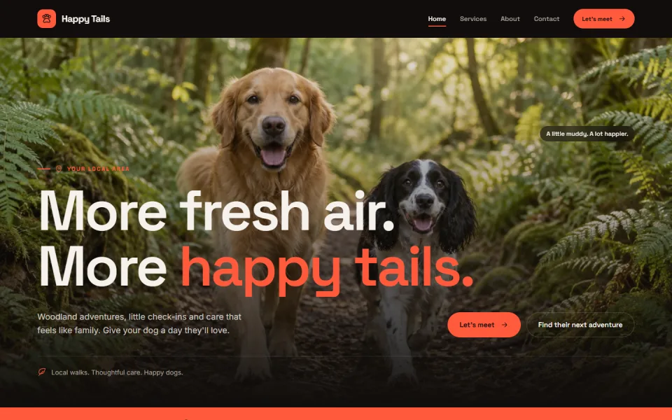 The Modern template, showing an example dog walking website