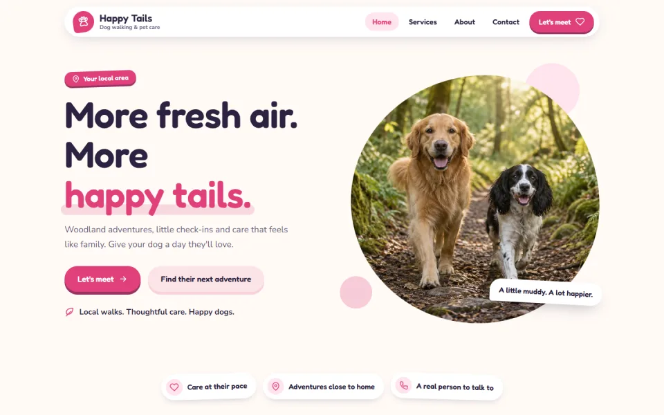 The Playful template, showing an example dog walking website
