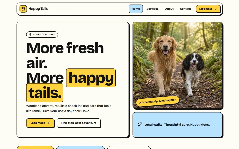 The Pop template, showing an example dog walking website