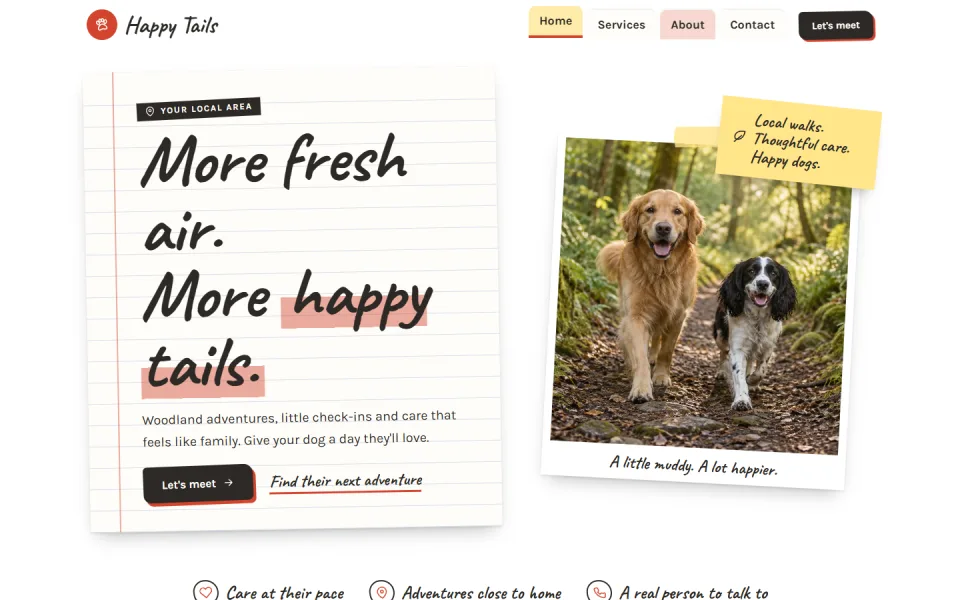 The Scrapbook template, showing an example dog walking website