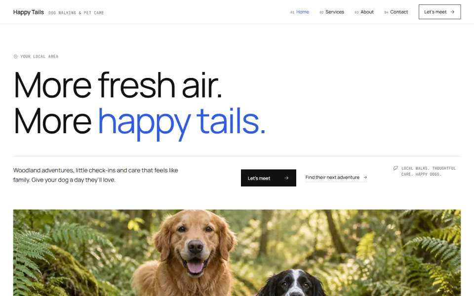 The Studio template, showing an example dog walking website