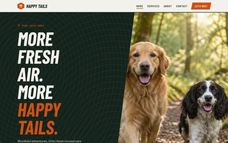 The Trail template, showing an example dog walking website
