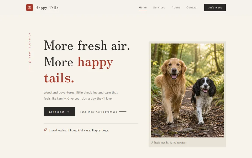 The Zen template, showing an example dog walking website