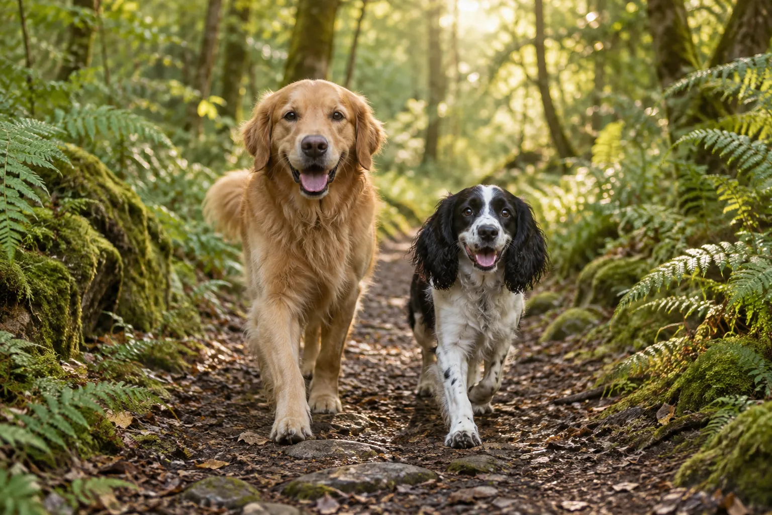 Golden retriever and spaniel exploring a sunlit woodland path